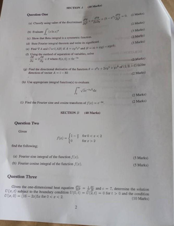 Question One Section A 20 Marks Dz F Using The Method Of Separation Of Variables Solve 50 00 2 8 Where 8 0 6 1