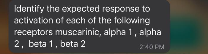 Identify The Expected Response To Activation Of Each Of The Following Receptors Muscarinic Alpha 1 Alpha 2 Beta 1 Be 1