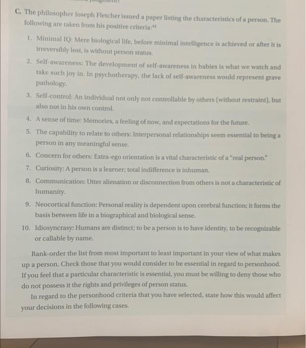 C The Philosopher Joseph Fletcher Issued A Paper Listing The Characteristics Of A Person The Following Are Taken From 1