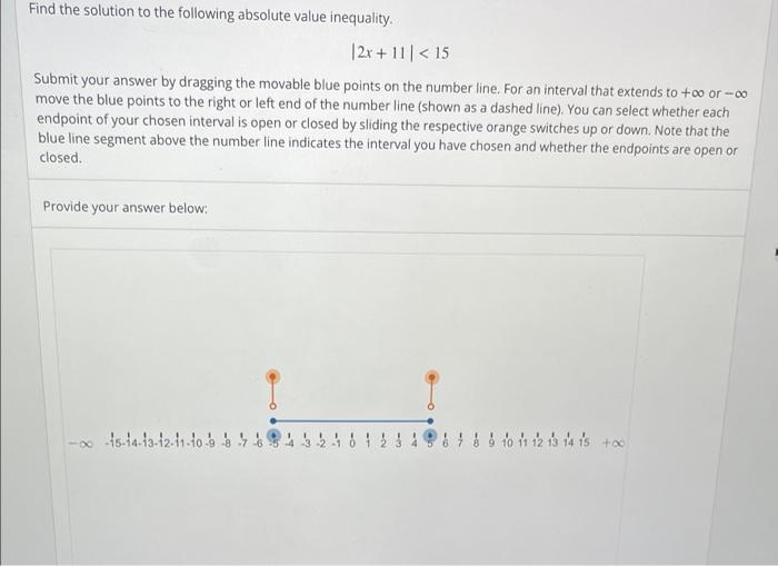 Find The Solution To The Following Absolute Value Inequality 2x 11 15 Submit Your Answer By Dragging The Movable Blu 1