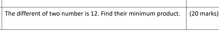 The Different Of Two Number Is 12 Find Their Minimum Product 20 Marks 1