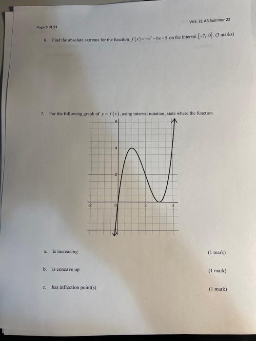 Page 5 Of 11 6 Find The Absolute Extrema For The Function X 6x 5 On The Interval 7 0 3 Marks 7 For The Fo 1