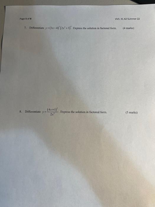 Page 5 Of 8 7 Differentiate Y 3x 4 2x 3 Express The Solution In Factored Form 8 Differentiate Y 2 1 Vvs 31 1