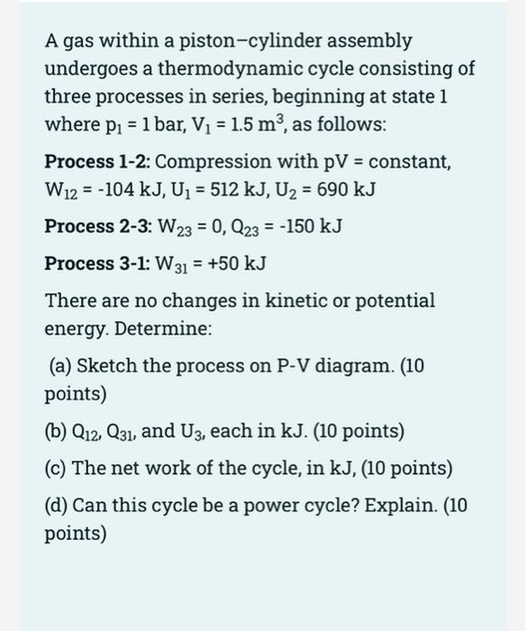 Assembly A Gas Within A Piston Cylinder Undergoes A Thermodynamic Cycle Consisting Of Three Processes In Series Beginni 1
