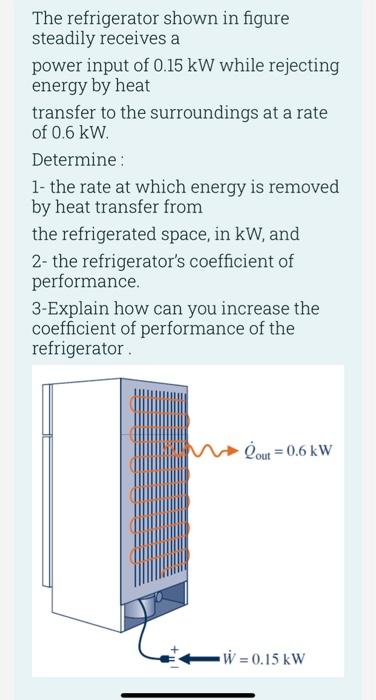 The Refrigerator Shown In Figure Steadily Receives A Power Input Of 0 15 Kw While Rejecting Energy By Heat Transfer To T 1