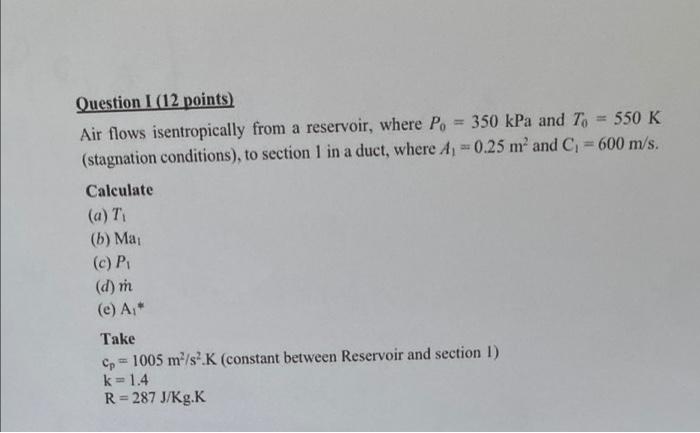 Question I 12 Points Air Flows Isentropically From A Reservoir Where Po 350 Kpa And To 550 K Stagnation Condition 1