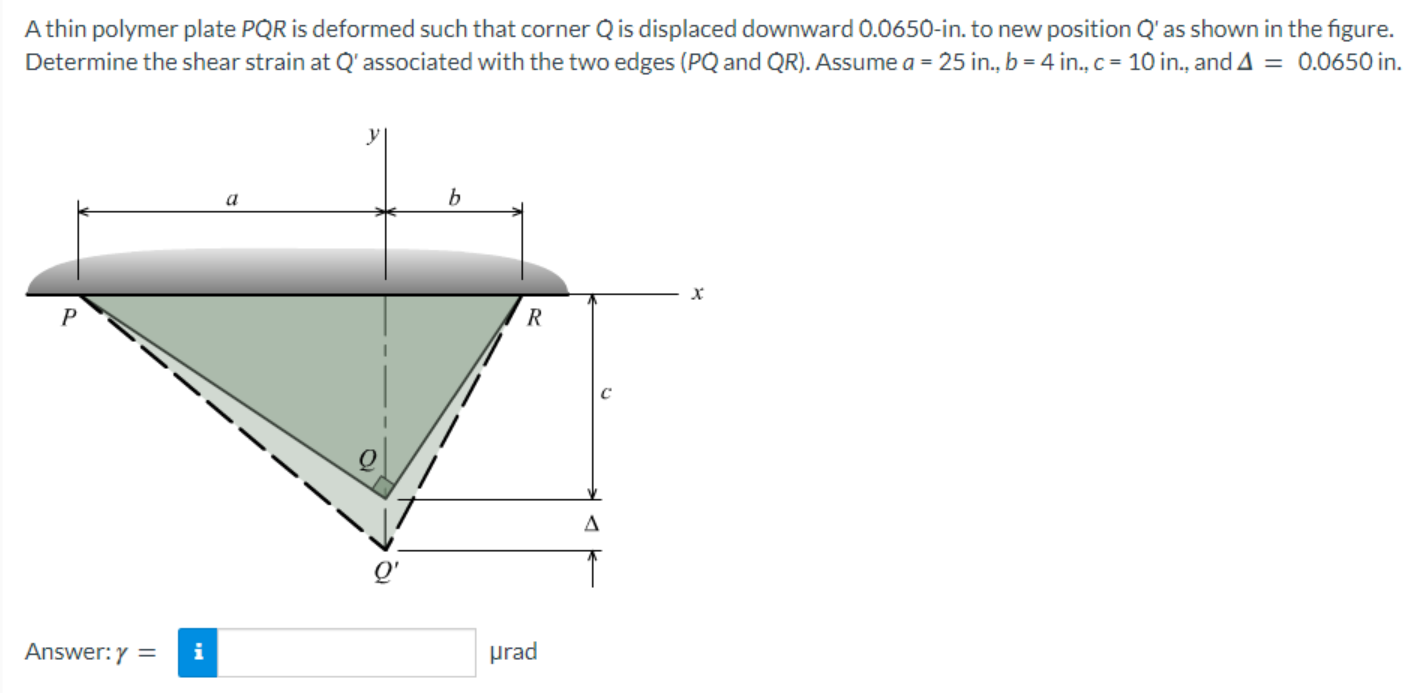 A Thin Polymer Plate Pqr Is Deformed Such That Corner Q Is Displaced Downward 0 0650 In To New Position Q As Shown In 1
