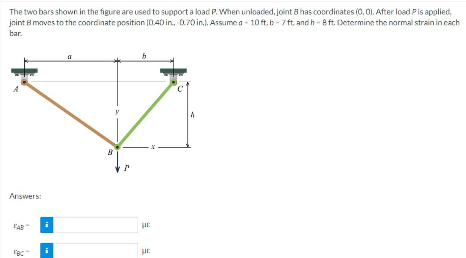 The Two Bars Shown In The Figure Are Used To Support A Load P When Unloaded Joint B Has Coordinates 0 0 After Load 1
