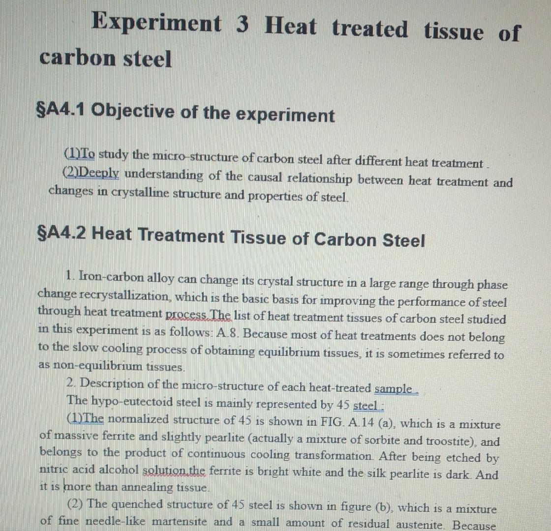 Experiment 3 Heat Treated Tissue Of Carbon Steel A4 1 Objective Of The Experiment 1 To Study The Micro Structure Of Ca 1