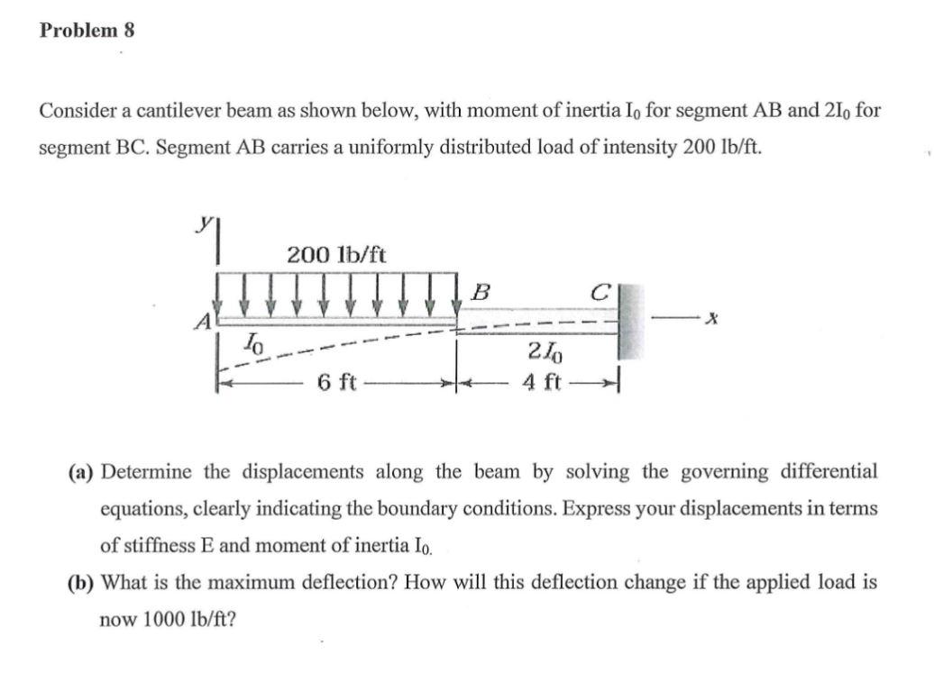 Problem 8 Consider A Cantilever Beam As Shown Below With Moment Of Inertia Io For Segment Ab And 210 For Segment Bc Se 1