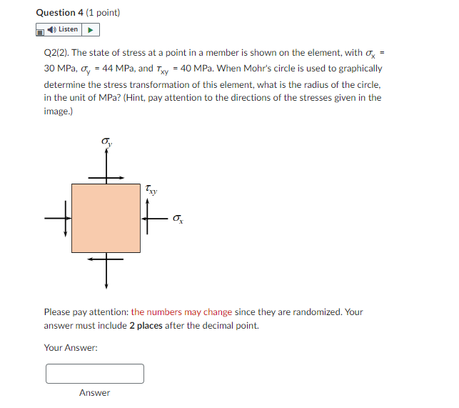 Question 4 1 Point Listen Q2 2 The State Of Stress At A Point In A Member Is Shown On The Element With Ox 30 1