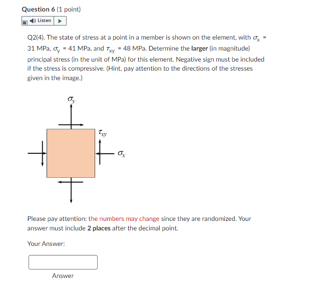 Question 6 1 Point Listen Q2 4 The State Of Stress At A Point In A Member Is Shown On The Element With Ox 31 Mpa 1
