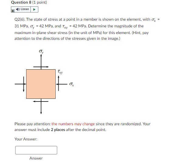 Question 8 1 Point Listen Q2 6 The State Of Stress At A Point In A Member Is Shown On The Element With Ox 31 Mpa 1