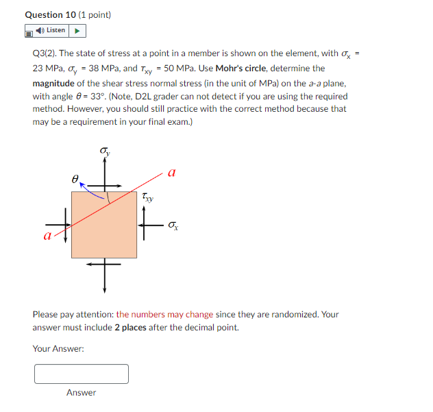 Question 10 1 Point Listen Q3 2 The State Of Stress At A Point In A Member Is Shown On The Element With Ox 23 Mpa 1