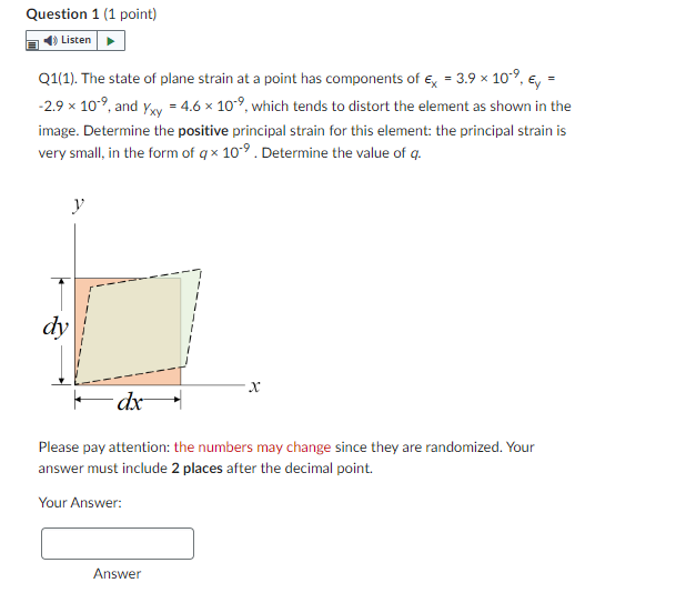 Question 1 1 Point Listen Q1 1 The State Of Plane Strain At A Point Has Components Of Ex 3 9 X 10 Ey 2 9 1 1