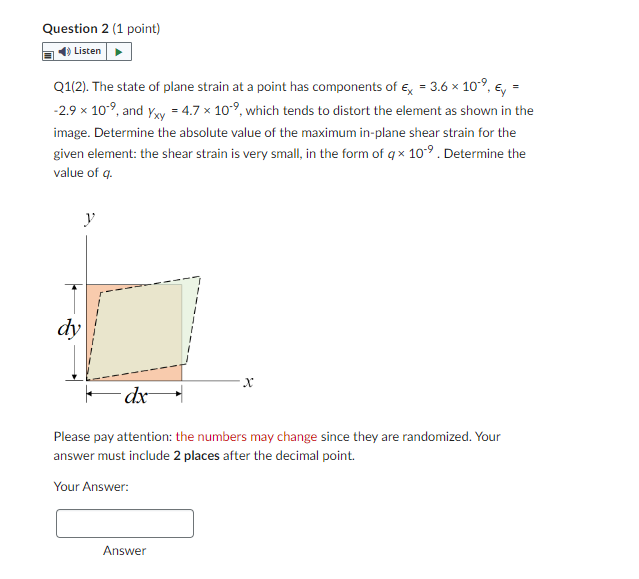 Question 2 1 Point Listen X Q1 2 The State Of Plane Strain At A Point Has Components Of X 3 6 10 Y 2 9 X 1 1