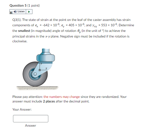 Question 5 1 Point Listen Q3 1 The State Of Strain At The Point On The Leaf Of The Caster Assembly Has Strain Compon 1