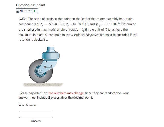 Question 6 1 Point Listen Q3 2 The State Of Strain At The Point On The Leaf Of The Caster Assembly Has Strain Compon 1