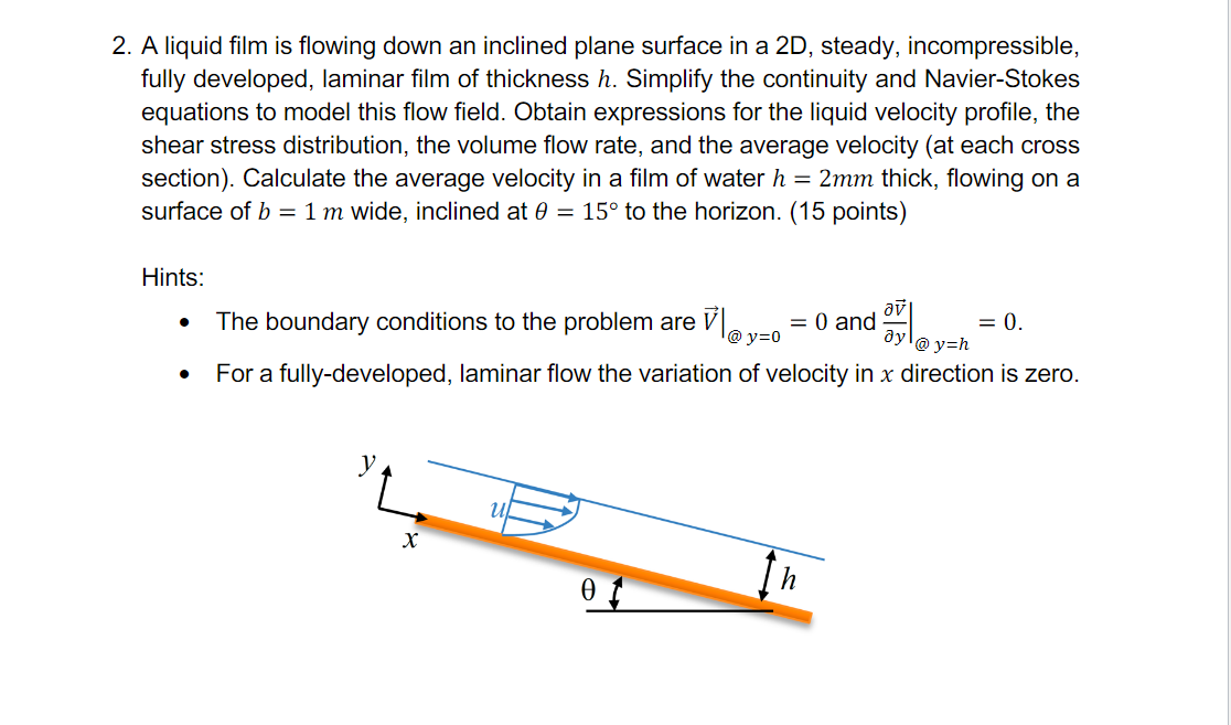 2 A Liquid Film Is Flowing Down An Inclined Plane Surface In A 2d Steady Incompressible Fully Developed Laminar Fil 1