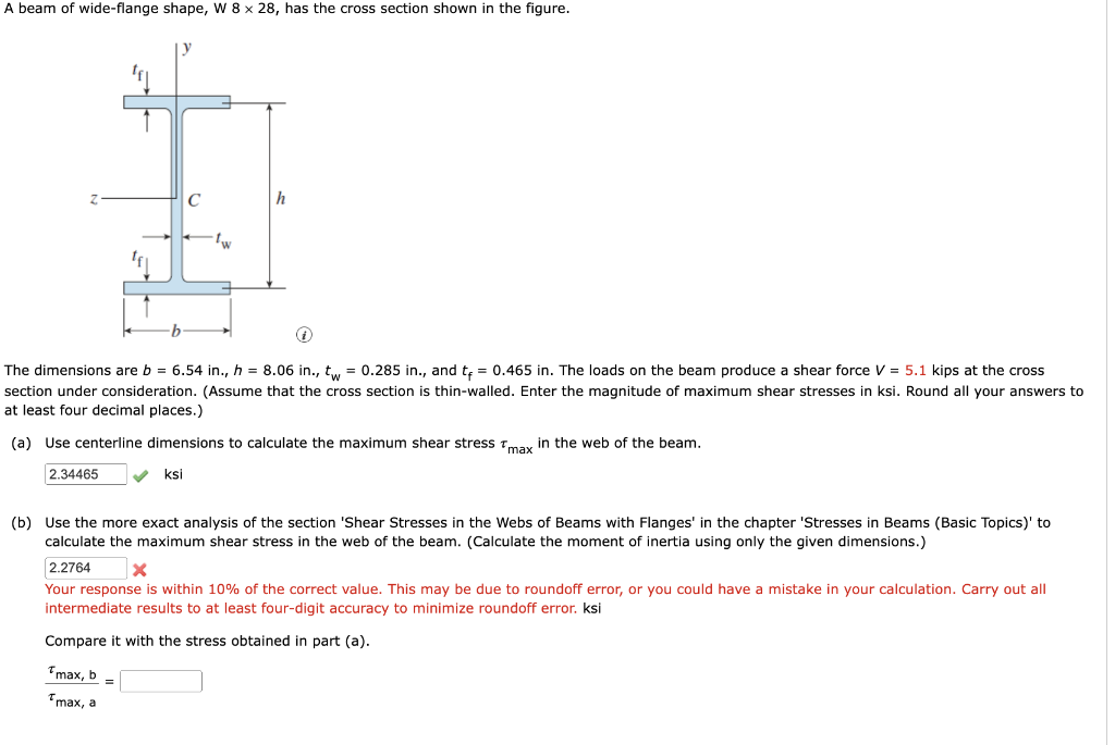 A Beam Of Wide Flange Shape W 8 X 28 Has The Cross Section Shown In The Figure Tw H The Dimensions Are B 6 54 In 1