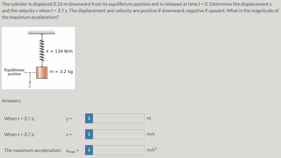 The Cylinder Is Displaced 0 16 M Downward From Its Equilibrium Position And Is Released At Time T 0 Determine The Dis 1