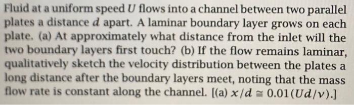 Fluid At A Uniform Speed U Flows Into A Channel Between Two Parallel Plates A Distance D Apart A Laminar Boundary Layer 1