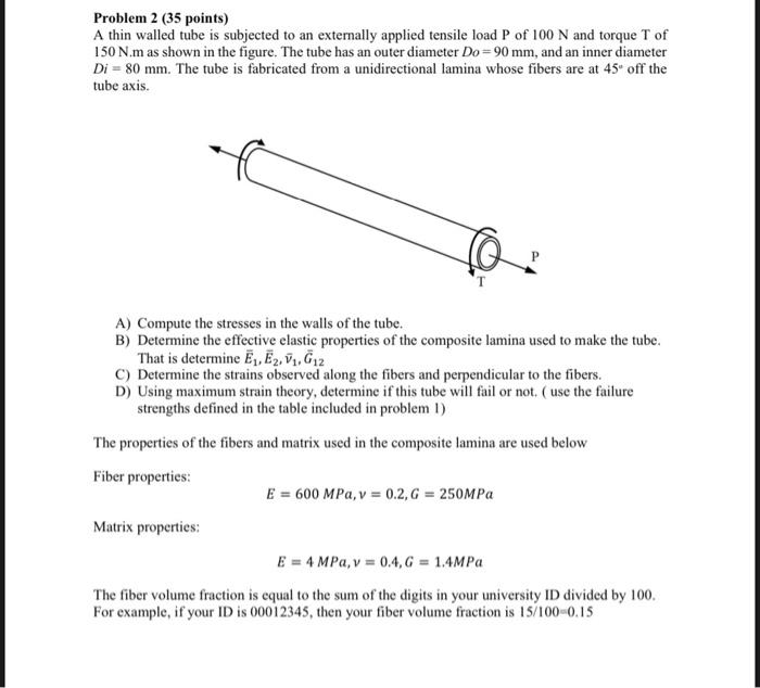 Problem 2 35 Points A Thin Walled Tube Is Subjected To An Externally Applied Tensile Load P Of 100 N And Torque T Of 1 1