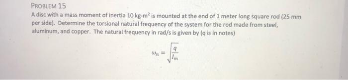 Problem 15 A Disc With A Mass Moment Of Inertia 10 Kg M Is Mounted At The End Of 1 Meter Long Square Rod 25 Mm Per Sid 1