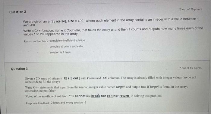 Question 2 We Are Given An Array A Size Size 400 Where Each Element In The Array Contains An Integer With A Value B 1