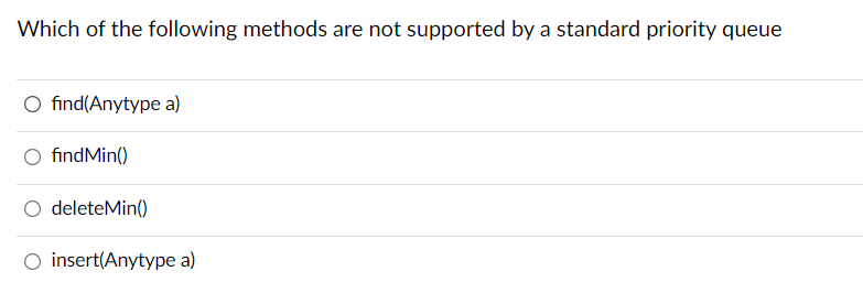 Which Of The Following Methods Are Not Supported By A Standard Priority Queue O Find Anytype A O Find Min Deletemin 1