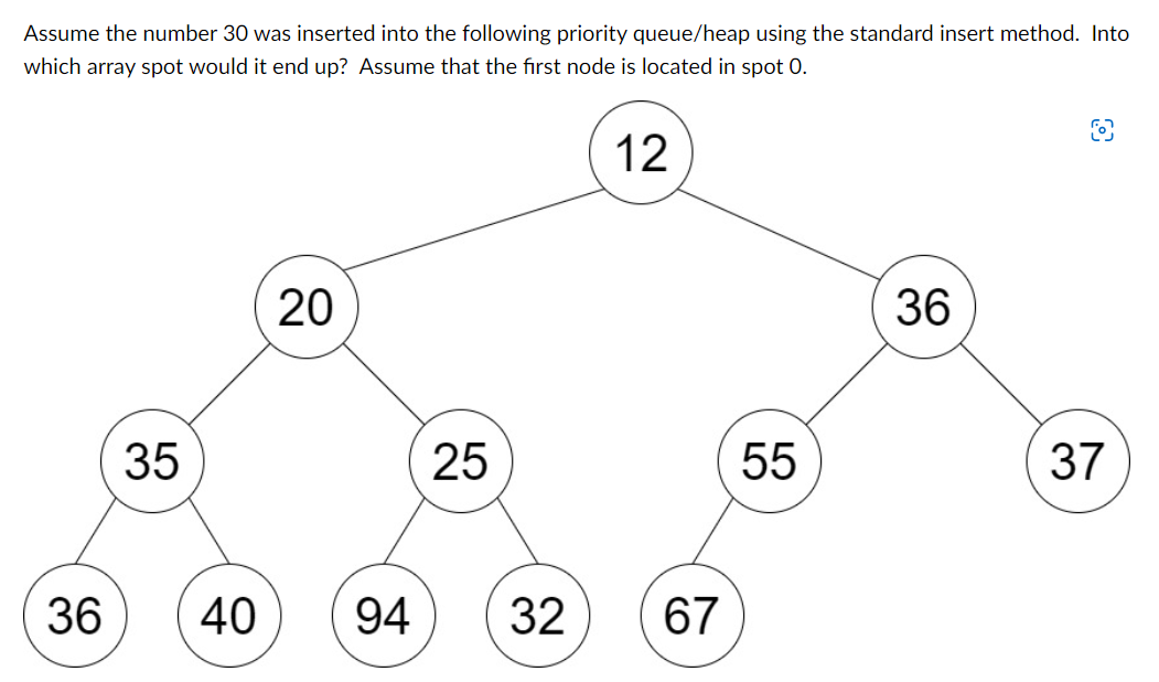 Assume The Number 30 Was Inserted Into The Following Priority Queue Heap Using The Standard Insert Method Into Which Ar 1