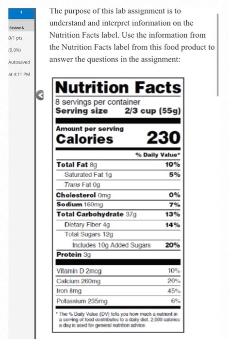 Review 0 1 Pts The Purpose Of This Lab Assignment Is To Understand And Interpret Information On The Nutrition Facts La 1