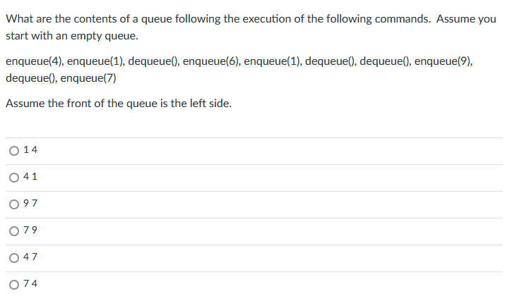 What Are The Contents Of A Queue Following The Execution Of The Following Commands Assume You Start With An Empty Queue 1