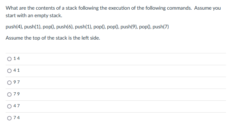 What Are The Contents Of A Stack Following The Execution Of The Following Commands Assume You Start With An Empty Stack 1