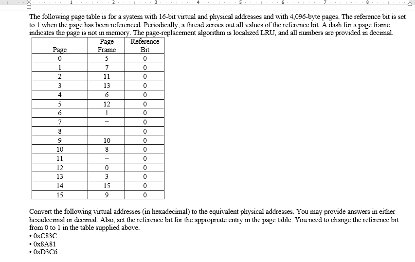 Page 0 1 2 3 4 5 6 7 8 The Following Page Table Is For A System With 16 Bit Virtual And Physical Addresses And With 4 09 1