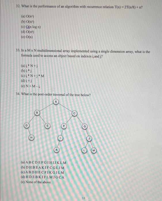 32 What Is The Performance Of An Algorithm With Recurrence Relation T N 2t N 8 N A O N B O N C O N Log N 1