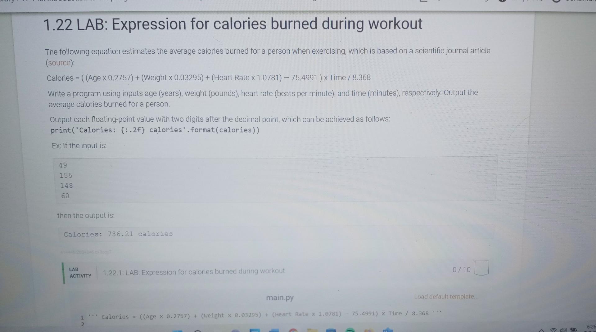 1 22 Lab Expression For Calories Burned During Workout The Following Equation Estimates The Average Calories Burned For 1