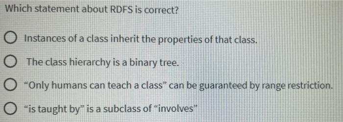 Which Statement About Rdfs Is Correct O Instances Of A Class Inherit The Properties Of That Class The Class Hierarchy 1