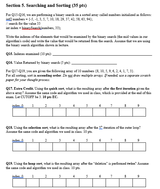 Section 5 Searching And Sorting 35 Pts For Q15 Q16 We Are Performing A Binary Search On A Sorted Array Called Number 1