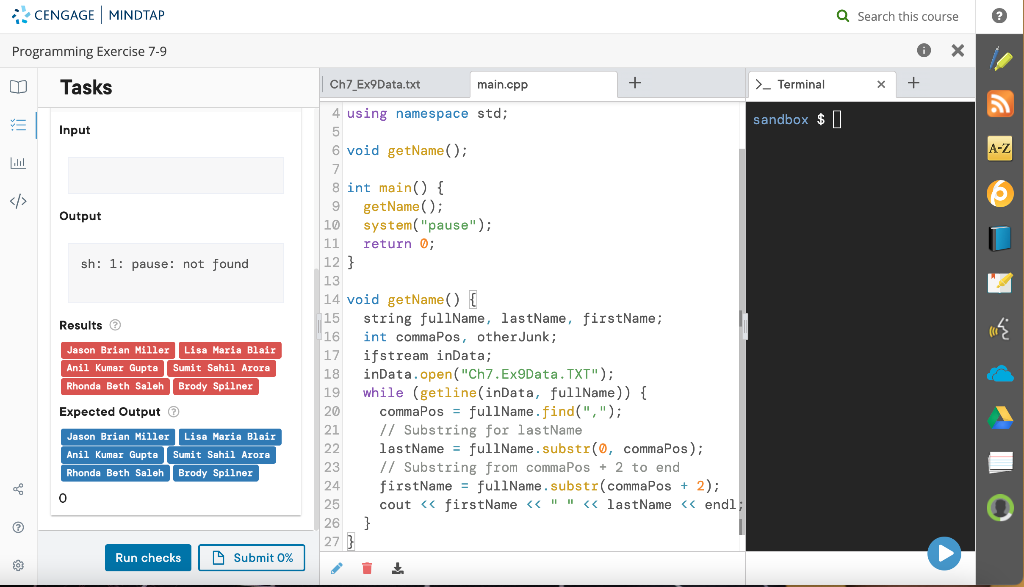 Programming Exercise 7 9 D Cengage Mindtap O Tasks Input Output Sh 1 Pause Not Found Results Jason Brian Miller 1