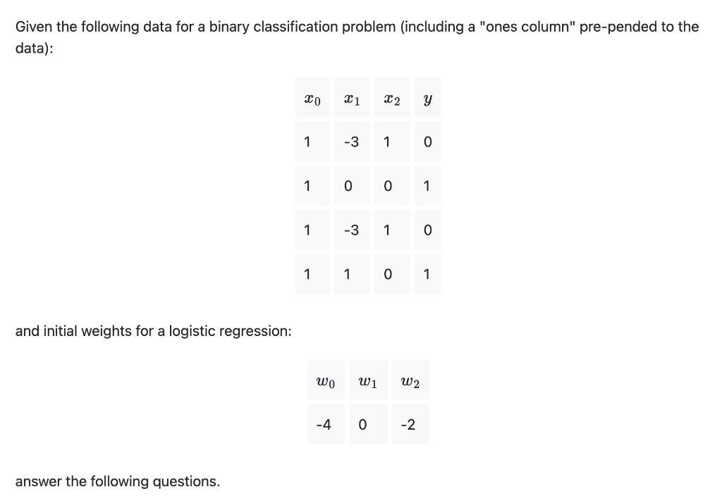 Given The Following Data For A Binary Classification Problem Including A Ones Column Pre Pended To The Data And Ini 1