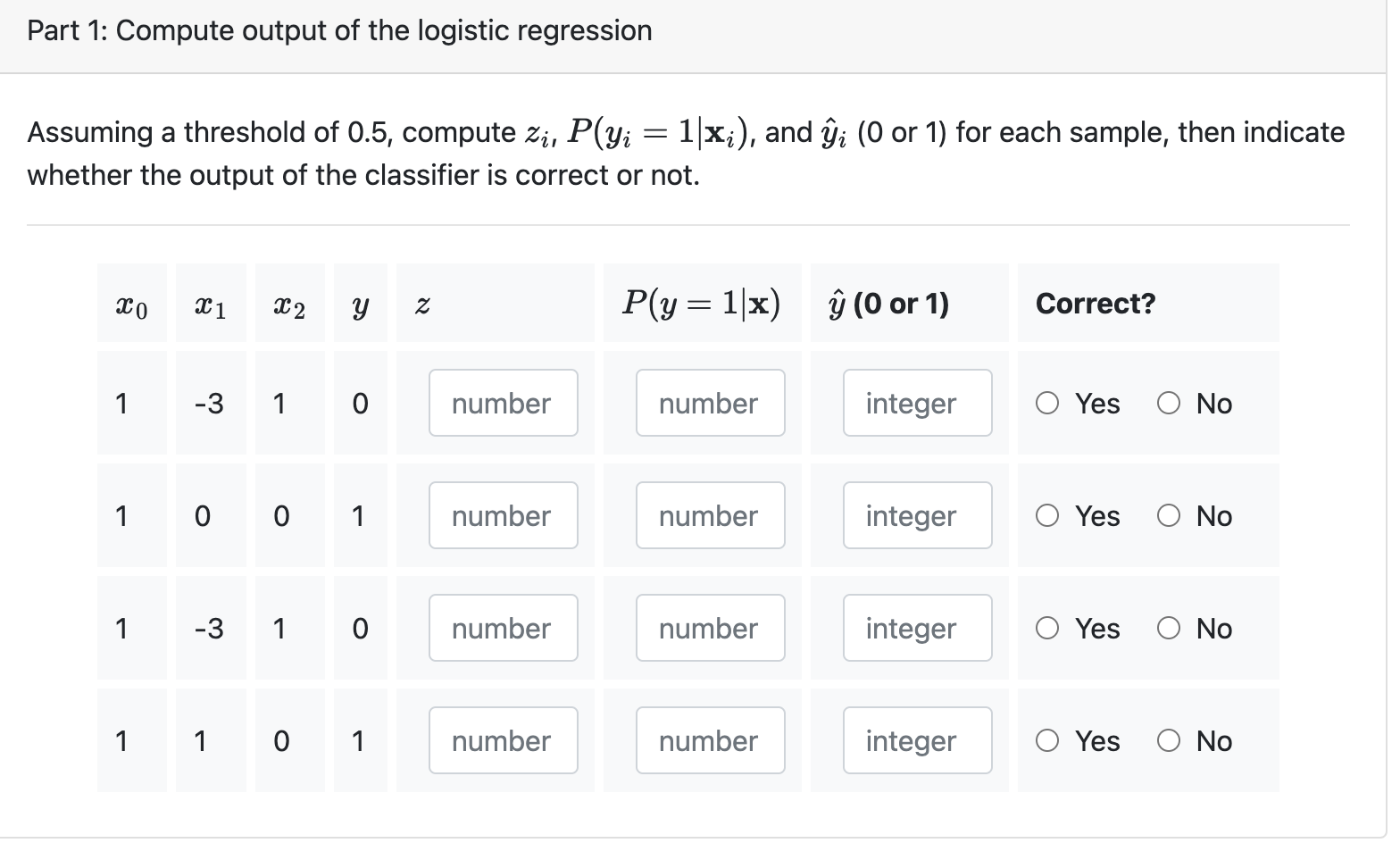 Given The Following Data For A Binary Classification Problem Including A Ones Column Pre Pended To The Data And Ini 2