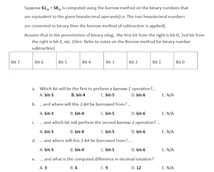 Bit 7 Suppose 6116 5816 Is Computed Using The Borrow Method On The Binary Numbers That Are Equivalent To The Given Hexad 1