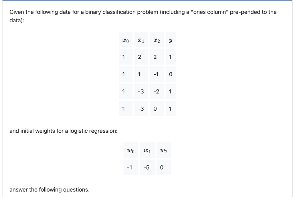 Given The Following Data For A Binary Classification Problem Including A Ones Column Pre Pended To The Data And Ini 1