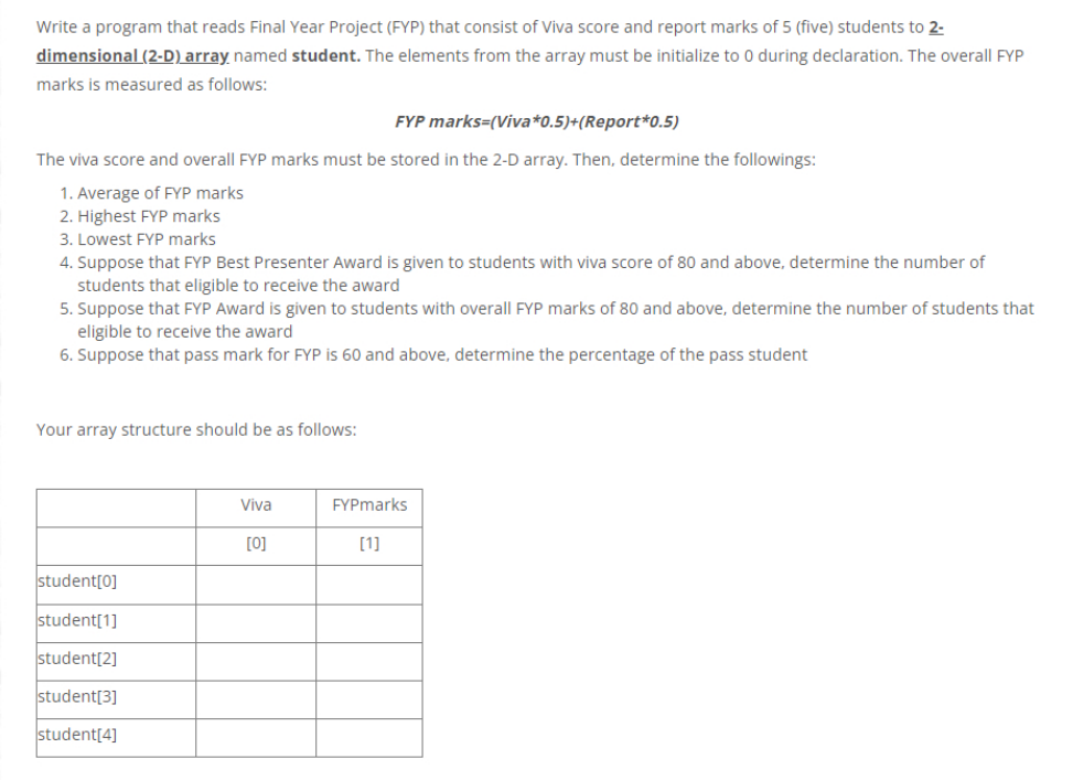 Write A Program That Reads Final Year Project Fyp That Consist Of Viva Score And Report Marks Of 5 Five Students To 1