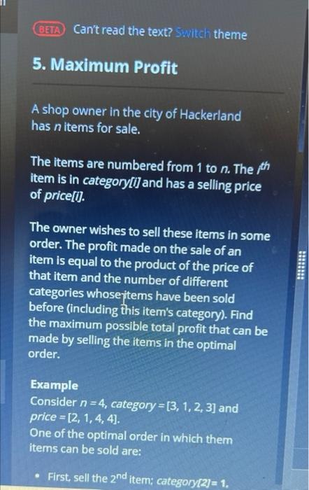 Beta Can T Read The Text Switch Theme 5 Maximum Profit A Shop Owner In The City Of Hackerland Has N Items For Sale Th 1