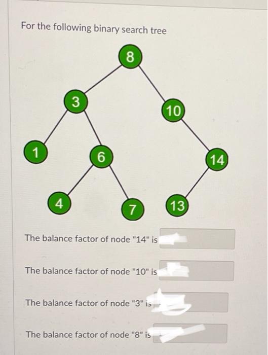 For The Following Binary Search Tree 8 1 4 3 6 7 The Balance Factor Of Node 14 Is The Balance Factor Of Node 10 Is T 1