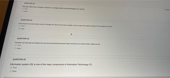 Question 22 The Pie Chart Can Compare Values In A Single Series As Percentages Of A Whole 8 Hove Question 23 Excel Solve 1