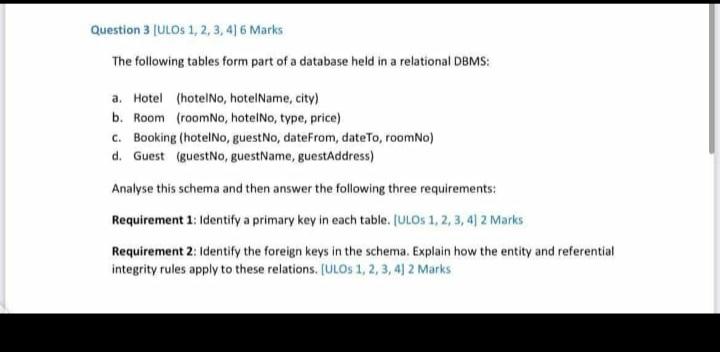 Question 3 Ulos 1 2 3 4 6 Marks The Following Tables Form Part Of A Database Held In A Relational Dbms A Hotel H 1