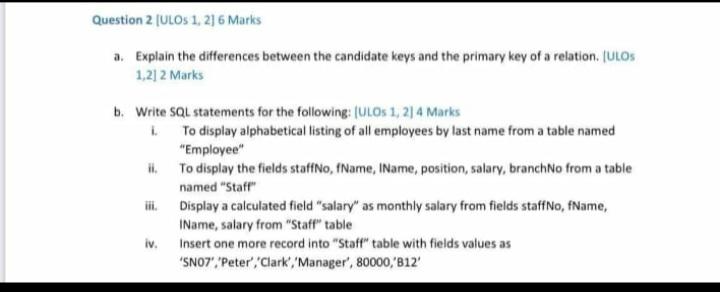 Question 2 Ulos 1 2 6 Marks A Explain The Differences Between The Candidate Keys And The Primary Key Of A Relation 1